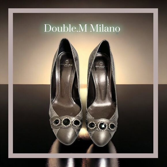 DOUBLE M MILANO Metallic Silver Python Print Statement Crystal Rhinestone Heels - Picture 5 of 11